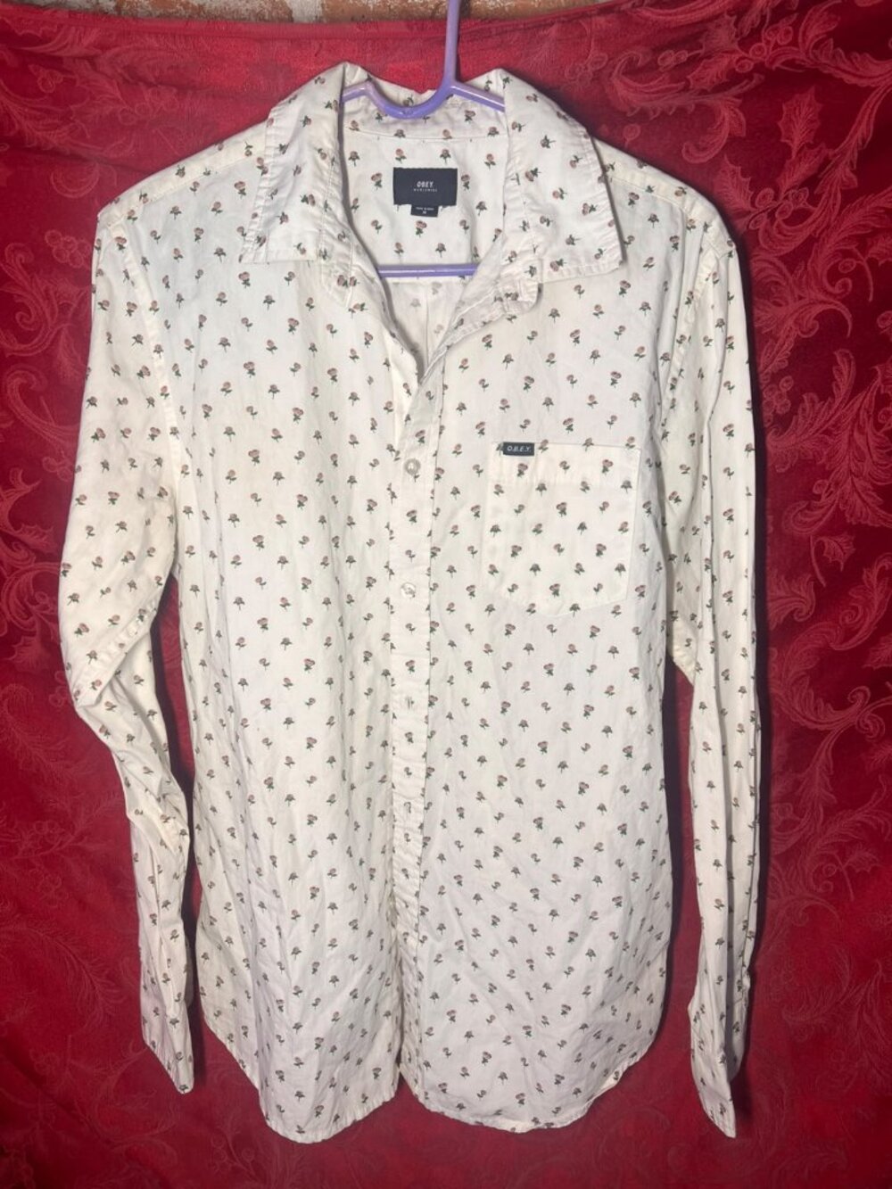 OBEY Worldwide Men's Medium White Floral Rose Pattern Long Sleeve Shirt